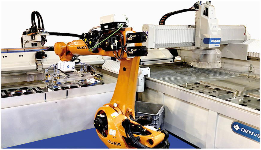 Gemischte Bearbeitungsverfahren in automatischen Fertigungszellen (CNC-Kantenbearbeitung – WaterJet – Roboter) von Denver