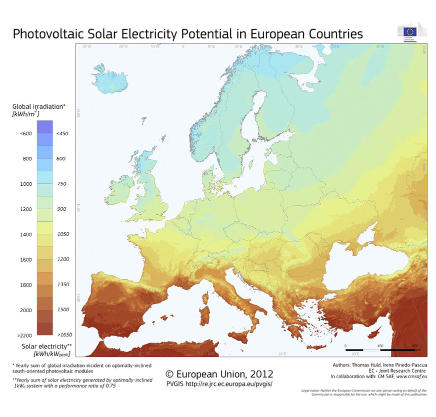In Deutschland beträgt das Mittel der Globalstrahlung 133,67 W/m² oder 1171 kWh/m² als jährliche Gesamtsumme (Stand 2020). In Spanien durchschnittlich bei 230 W/m².