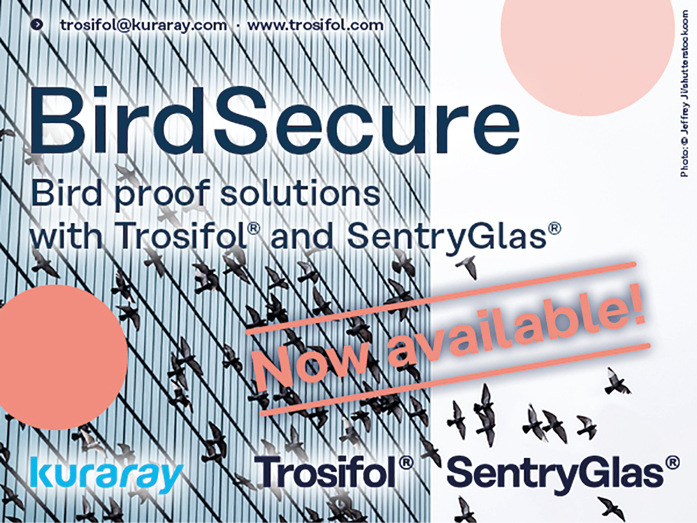 Kuraray bietet für SentryGlas und Trosifol nun auch VSG-Zwischenlagen namen BirdSecure an, um Fassadengläser vor Vogelschlag zu schützen.