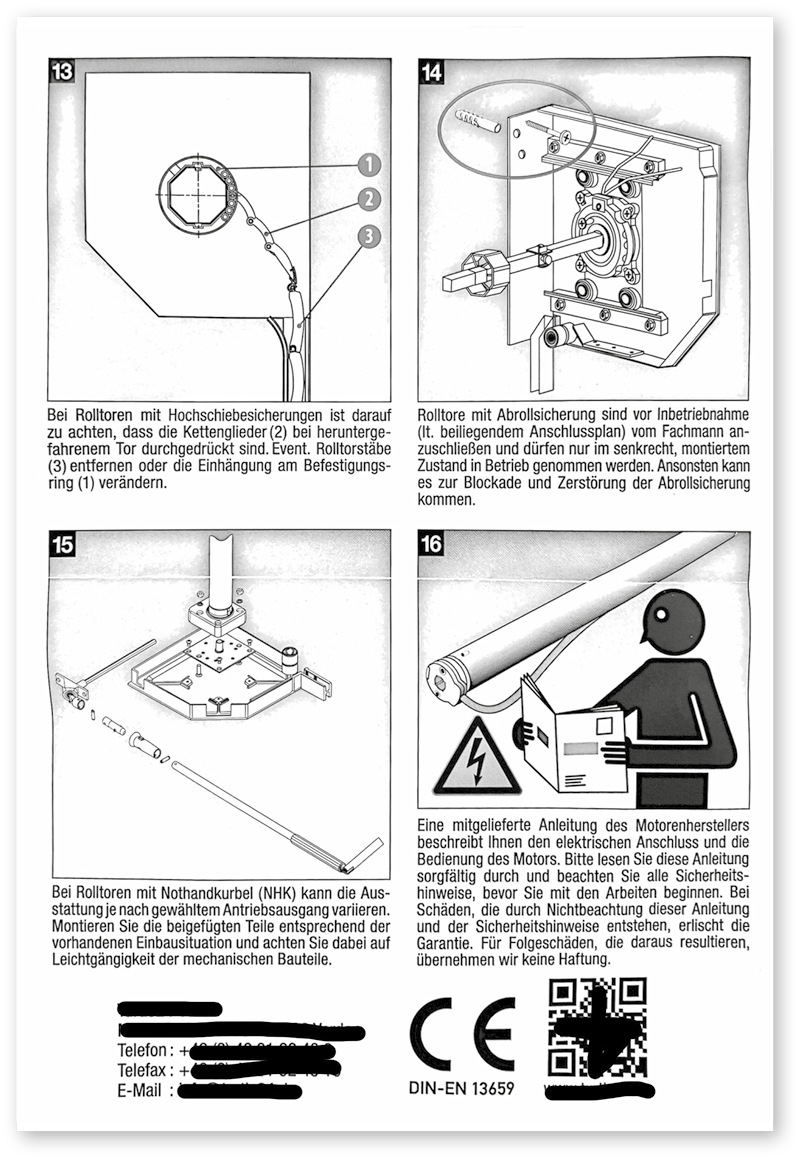 Abrollsicherung, CE-Zeichen, DIN EN 13659? Suche den Fehler in der Montageanleitung für Rolltore.