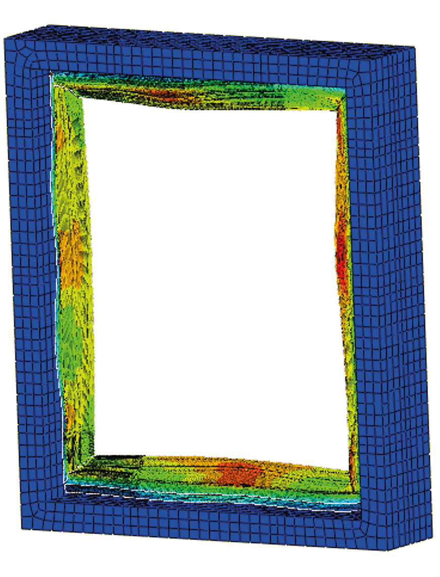 Exemplarisches Verformungsbild (stark überhöht dargestellt) und Spannungsverteilung bei Temperatureinwirkung (Δ 35 °K) in einem PVC-Fensterprofil.