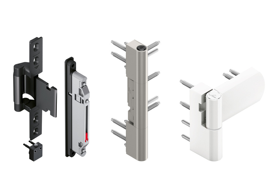 Roto-Türbänder (v.l.): das verdeckte Band „Solid C“ für Türen aus Aluminium sowie ein Rollenband aus dem Programm „Solid B“ und ein Aufschraubband aus dem Programm „Solid S“. Alle Bänder zeichnen sich laut Hersteller durch hervorragende Gebrauchseigenschaften, geprüfte Dauerbelastbarkeit gemäß DIN EN 1935 sowie höchsten Korrosionsschutz aus. Die Roto Frank Fenster- und Türtechnologie GmbH gewährt eine 10-jährige Funktionsgarantie.