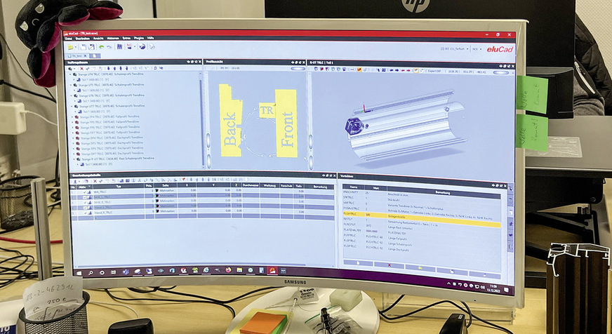 Das CAD-System eluCAD kommuniziert direkt mit dem Stabbearbeitungszentrum und unterstützt so z. B. das optimale Einspannen von neuen Profilen.