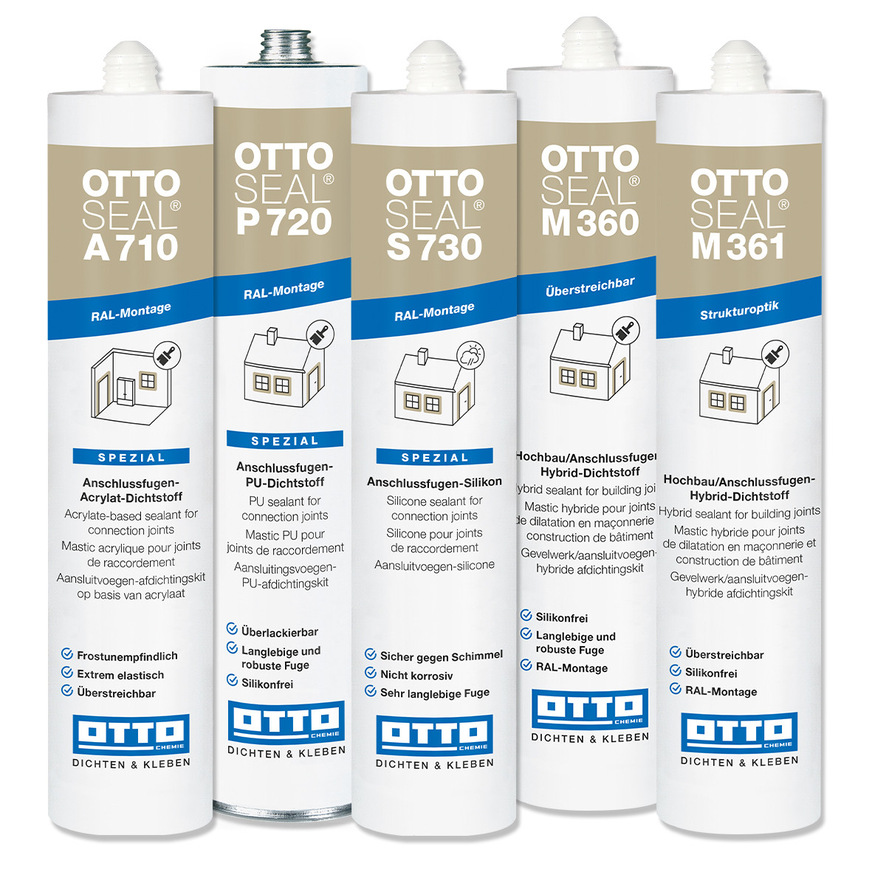 Multitalent unter den spritzbaren Dichtstoffen ist der silikonfreie Hybrid-Dichtstoff OttoSEAL M 360. Aber auch bei anderen Kombination kommen Profi-Verarbeiter mit nur wenigen Produktion zum perfekten Ergebnis.