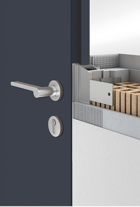 Das Aluminiumprofil der Schörg­huber Zeroline Zargen wird nach der Montage vollständig verspachtelt, verputzt oder verkleidet.