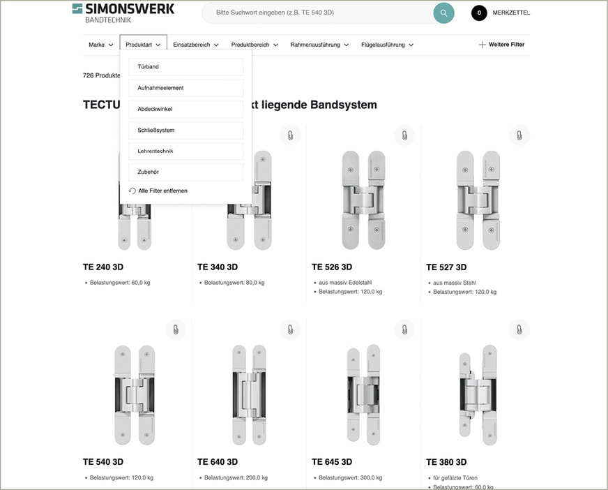 Über die Suchfunktion gelangt der Nutzer auf die Markenseiten mit einer Übersicht der Bandsysteme mit weiteren Produktinformationen und Auswahloptionen.