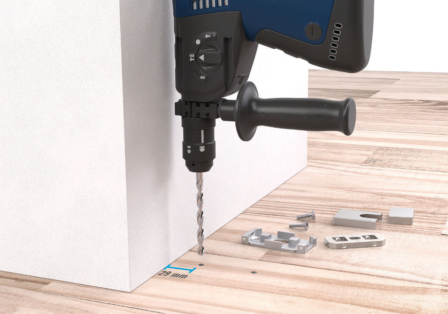 Damit die Bohrungen in den Untergrund leicht ausgeführt werden können, beträgt der Abstand zwischen Wand und der ersten Bohrung 29 mm und bietet so ausreichend Platz für das Ansetzen der Bohrmaschine.