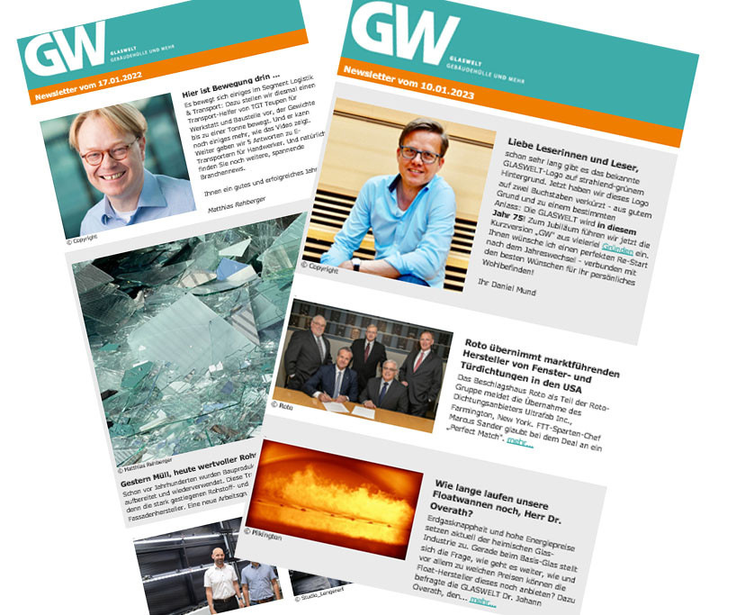NICHTS VERPASSEN: Jede Woche versorgt Sie unser Newsletter mit dem Aktuellsten aus der Branche.&nbsp;Kostenlos anmelden:&nbsp;www.glaswelt.de/newsletter