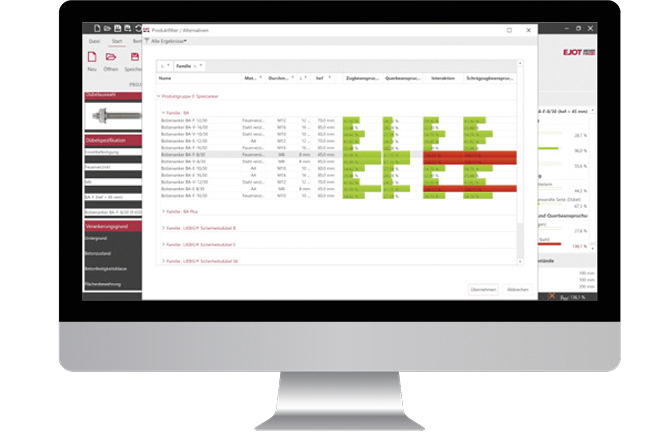 Alle Informationen auf einen Blick: Von der Listen­ansicht mit allen ausgewählten Befestigungen bis zur Auskunft über geeignete bzw. ungeeignete Befestigungen und der Auflistung aller relevanten ETAs und Produktdatenblätter.