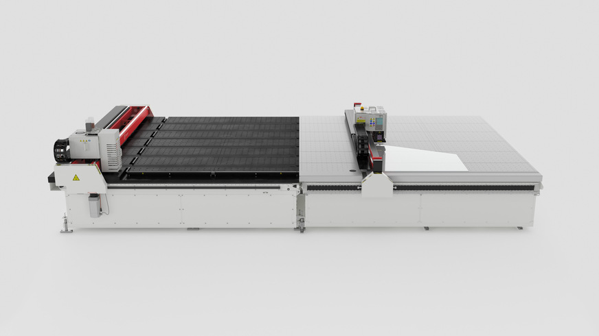 Die Lascom-Anlagen L-matrix GDS und -LDC lassen sich platzsparend kombinieren und in bestehende Glasverarbeitungs-Linien integrieren..