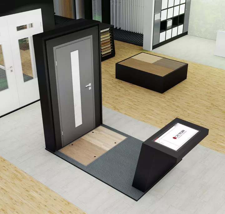 Zukunft Tür im stationären Fachhandel: In der Ausstellung&nbsp;lässt sich via Prüm-Türkonfigurator eine Innentür in Echtgröße (1:1) darstellen, inklusive der Beschläge von Griffwerk.