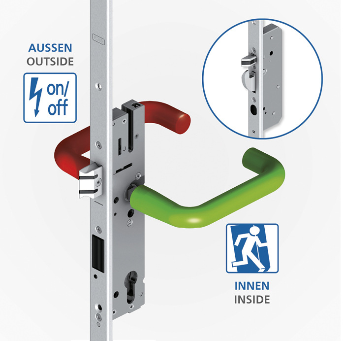 autosafe 837P mit Panikfunktion, dem ­besonderen Verrieglungs­typ 10 und elektrisch aktivierbarem ­Drücker.