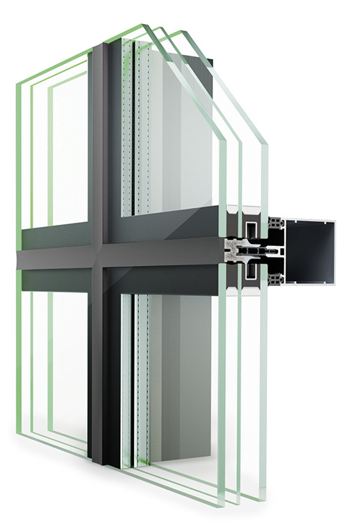 Und hier die Hueck Trigon'FS 060 SG als Riegel-Riegel-Variante (Ansichtsbreite 60 mm). Das System kann Glasformate bis 3000 × 5000 mm aufnehmen.