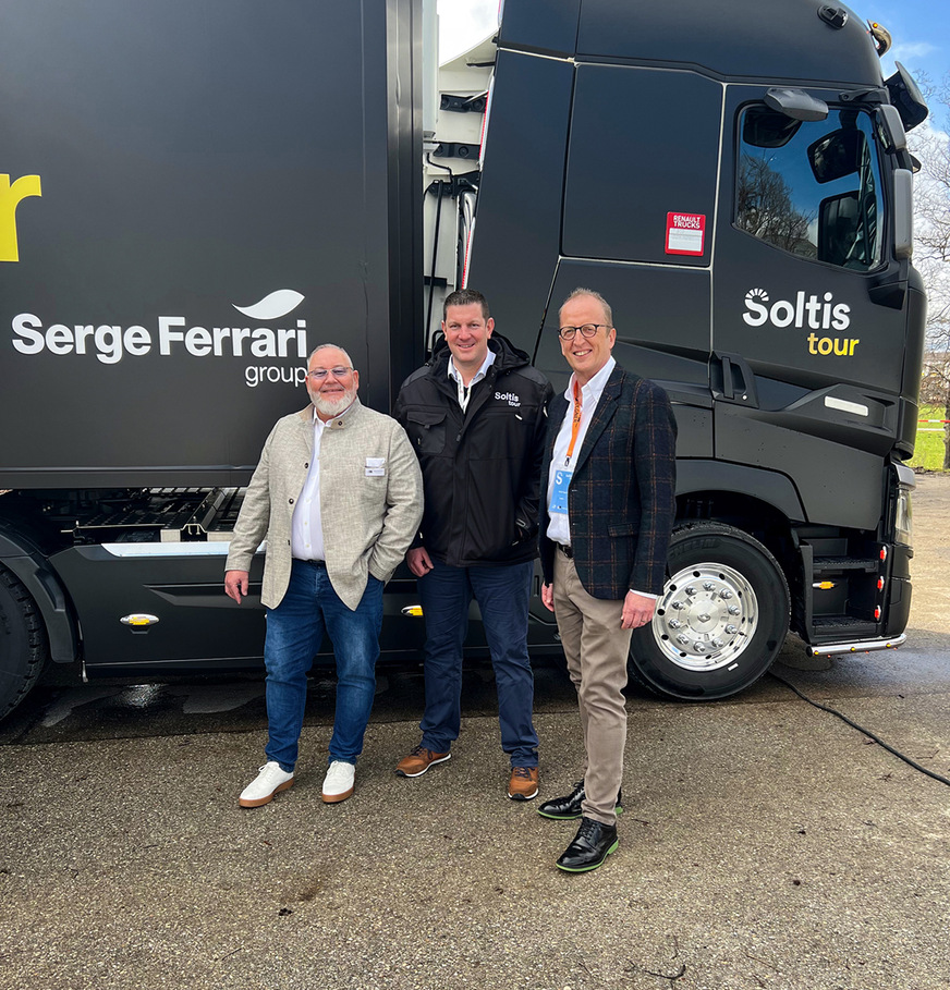 Zufriedene ­Gesichter bei den Partnern des ersten ­deutschen Events der Soltis-Tour (v.l.)﻿: Frank ­Reisenauer (­Shadesign), Uli ­Neumair (­SergeFerrari) und Bernd Folgner (­Folgner).