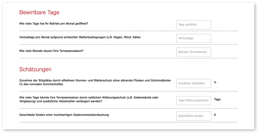Die örtlichen Details der Gastronomie wie Sitzplätze, geöffnete Tage, ud Gedecke am Tag gehen in die Berechnungen des Onlinerechners ein, um Investition und zu erwartende Mehrumsätze genau abzuwägen.