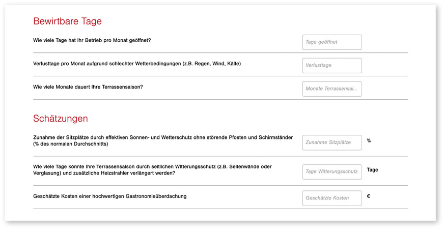 Die örtlichen Details der Gastronomie wie Sitzplätze, geöffnete Tage, ud Gedecke am Tag gehen in die ­Berechnungen des Onlinerechners ein, um Investition und zu erwartende Mehrumsätze genau abzuwägen.