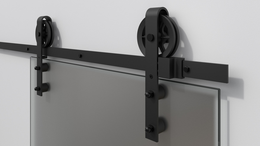 Die rustikalen Laufwagen des Corvara Systems&nbsp;erinnern mit den großen Rollen an Beschläge für Scheunentore.