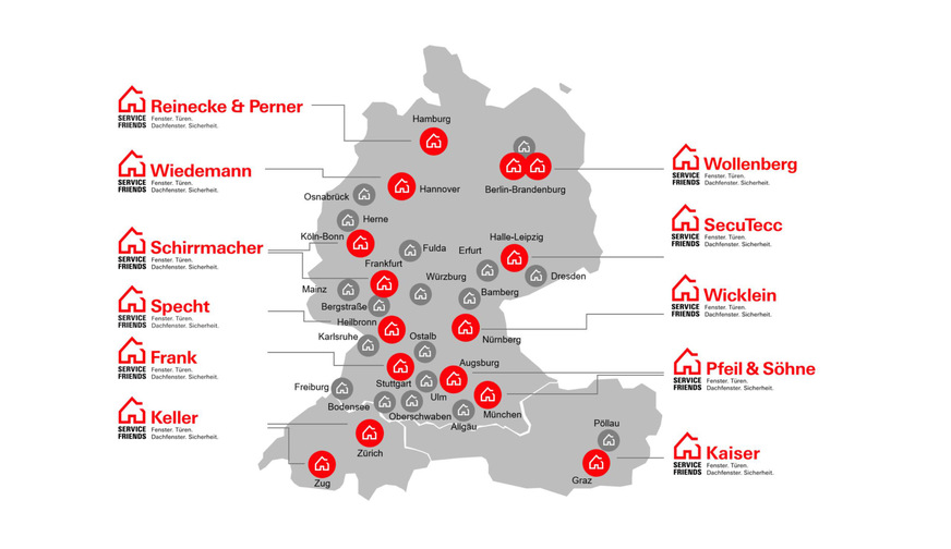 Die Roto Frank Professional Service GmbH und damit die Organisation der „Service Friends“ wächst weiter. Mit 33 Standorten in der DACH-Region ist sie für ihre Neu- und Stammkunden eine zuverlässige, überregional aktive Partnerin.