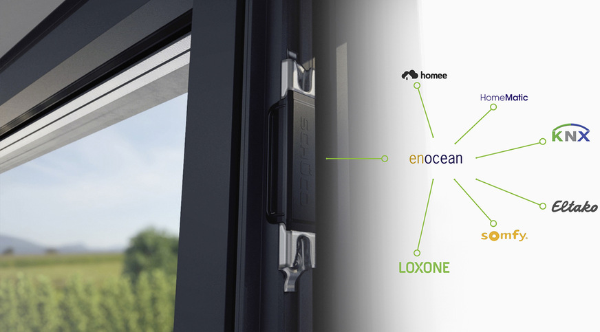 Das kabel- und batterielose Funkriegelstück kann direkt an EnOcean-fähige Systeme oder durch ein zusätzliches externes Gateway an KNX-Systeme angebunden werden.