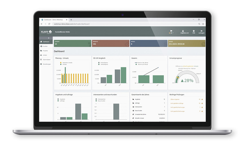 Klaes webtrade: Durchblick dank Dashboard mit Auswertungen und Projektinfos
