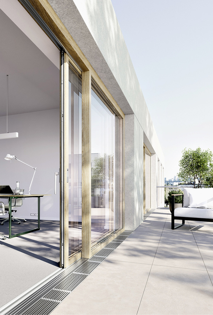 Neue Handlungsfreiräume für Barrierefreiheit ohne Kompromisse: Die ECO PASS niveaugleiche 0-mm-Boden­schwelle für den PORTAL HS lässt sich jetzt auch mit&nbsp;ersten Profilsystemen aus Kunststoff verarbeiten.