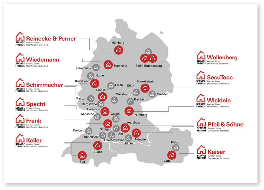 Die Roto Frank Professional Service GmbH und damit die Organisation der „Service Friends“ wächst weiter. Mit 33 Standorten in der DACH-Region ist sie für ihre Neu- und Stammkunden eine zuverlässige, überregional aktive Partnerin.
