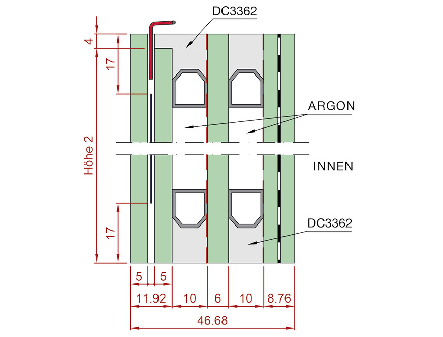 Aufbau: Die ConverLight-Folie wird als Verbundglas oder als Isolierglas-Einheit geliefert, hier im Schnitt als 3-fach-ISO. Abstandhalter und Füllgas werden je nach den gewünschten Funktionen und Anforderungen ausgewählt. Links ist das Anschlusskabel zu sehen (rot).