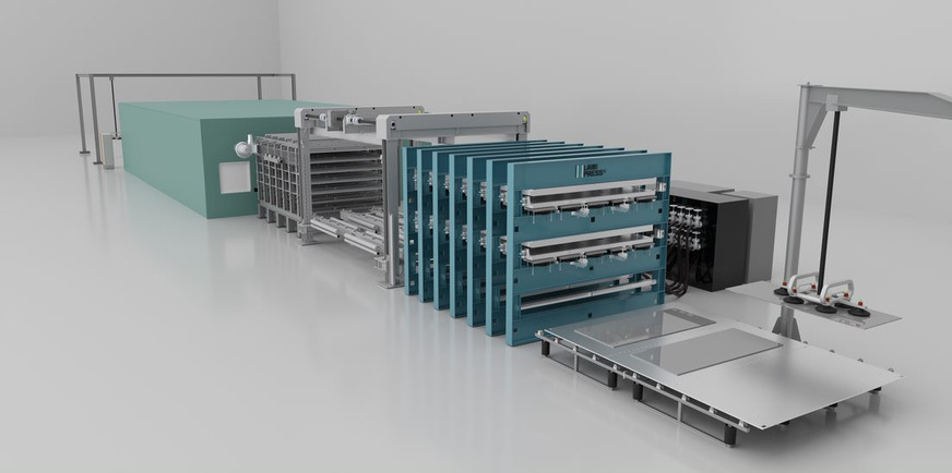 In der DoublePress-Ausführung und mit einem Nutzmaß von 6 x 3,21 Meter werden auf der LamiPress bis zu 250 Quadratmeter pro Schicht gefertigt.