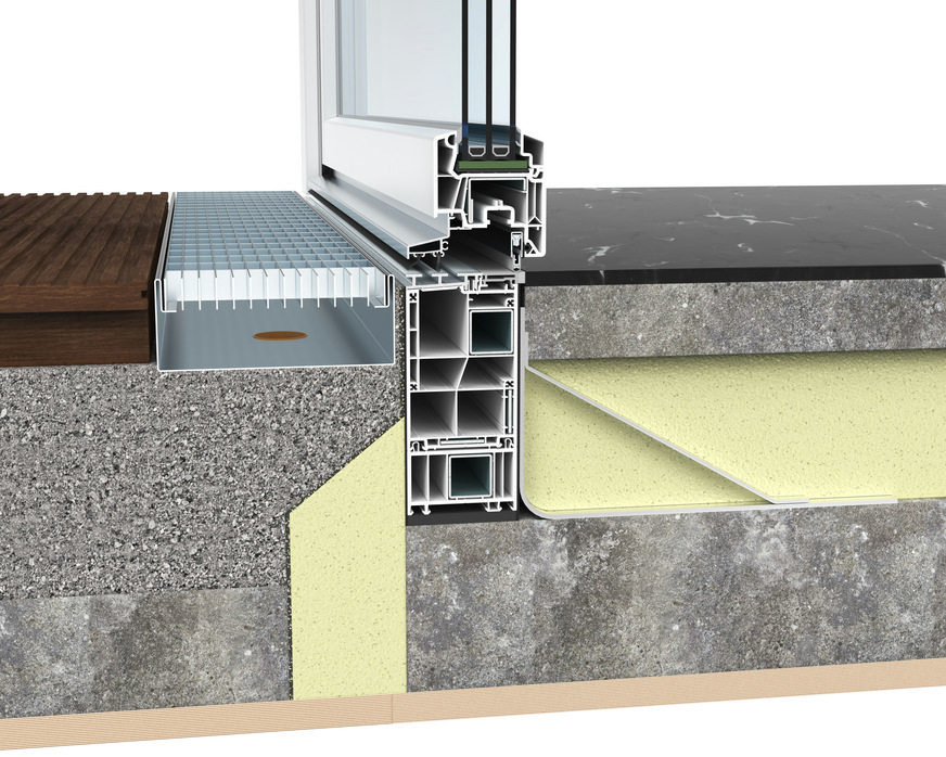 Veka hat ein systemübergreifend angelegtes Bodenschwellen-Konzept vorgestellt. Es ermöglicht die Realisierung sowohl von barrierefreien (wie hier im Bild) als auch von 20-mm-Schwellen und dies in allen Systemen, inklusive AluConnect.