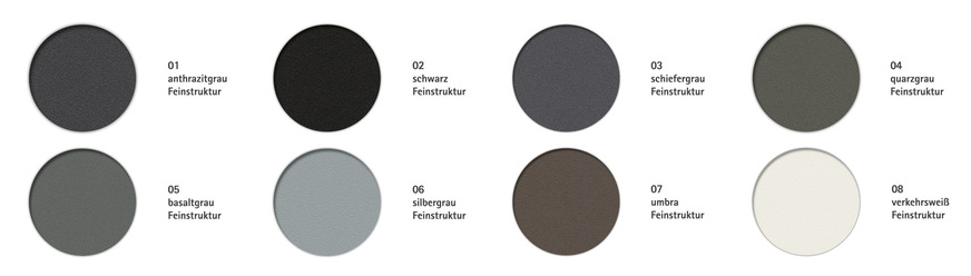 Die Farbpalette von VEKA Feinstruktur umfasst acht derzeit im Trend liegende Farbtöne für Fenster: anthrazitgrau, schiefergrau, basaltgrau, umbra, schwarz, quarzgrau, silbergrau und verkehrsweiß.