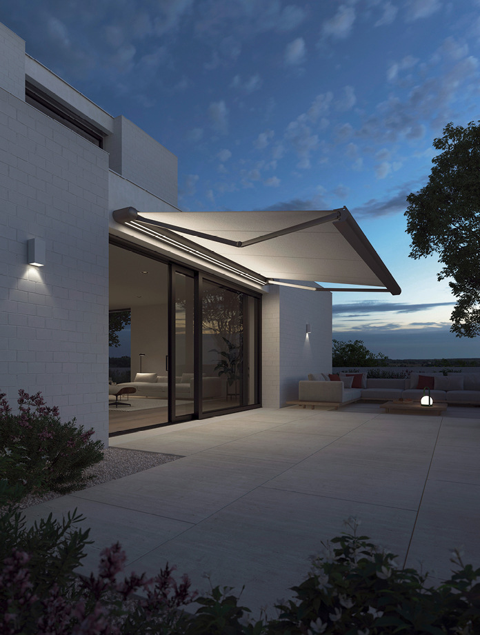 Ein LED-Stipe innerhalb der Kassette illuminiert das Tuch und schafft behagliche Lichteffekte durch indirekte Beleuchtung. Die äußere LED-Lichtschiene lässt sich auch bei geschlossener Markise bedienen.