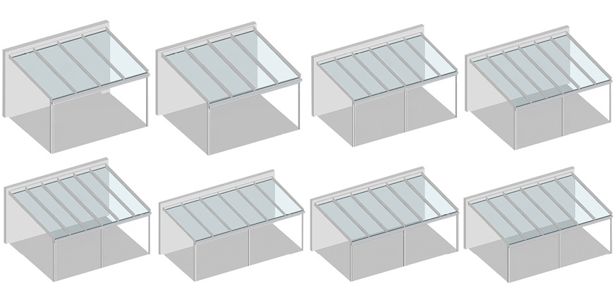 Das neue Fixdach – lieferbar in zwölf Farbtönen und acht Größen von 4 × 3 m (oben links) bis 6 × 4 m (unten rechts).