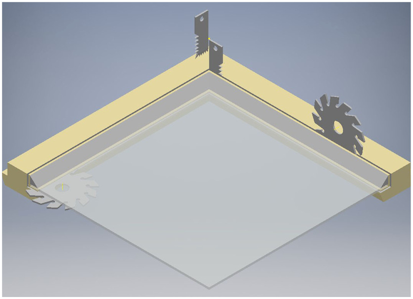 Abbildung 2: Schematischer Aufbau des Aus­glasungsprozesses mithilfe von Kreissägeblättern und einer Vibrationssäge für das Nachstechen der Ecken