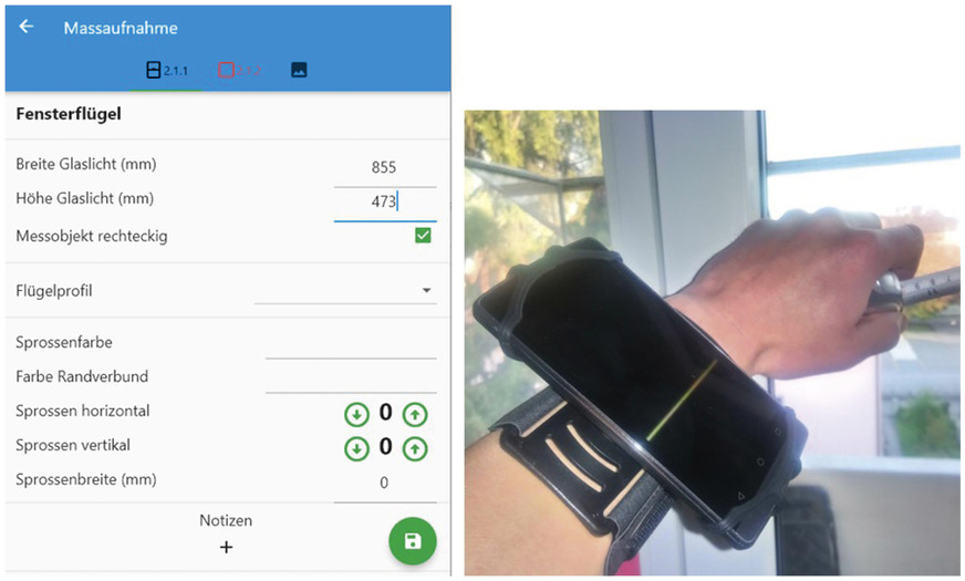 Abb. 6 links: Maske für die detaillierte Maßaufnahme der Glaslichtmaße. Rechts: Beispielhafte Benutzung mit einem am Handgelenk befestigten Mobiltelefon, welche beide Hände für die Vermessung freihält
