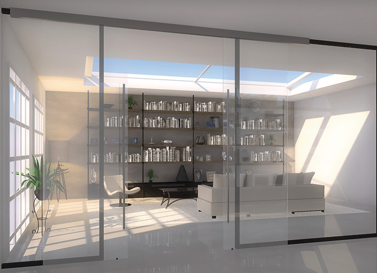 Hier sind die Gläser der Trennwand transparent geschaltet, inklusive der gläsernen Türen.