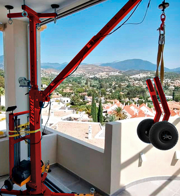 Die Elevall Kräne können zwischen Etagen eingespannt oder mit ­Stützen und ­Gegengewichten auf­ge­­stellt werden