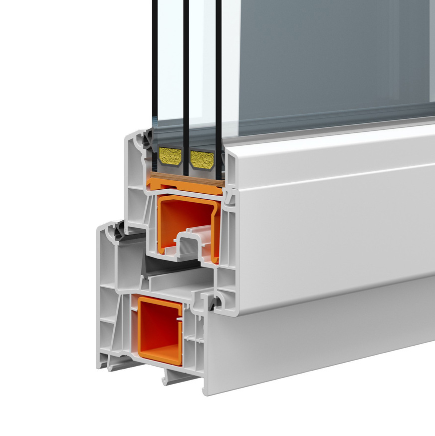 Fenster und Balkontüren unter dem Namen Catadi 80: Das Mehrkammer-Kunststoffprofil als MD-System mit 80 mm Einbautiefe im Blendrahmen sowie mehrfach gebogenem Stahl garantiert in Verbindung mit der standardmäßigen 3-fach-Verglasung einen Uw-Wert von 0,78 W/(m²K) und damit sehr gute Energieeffizienzparameter.