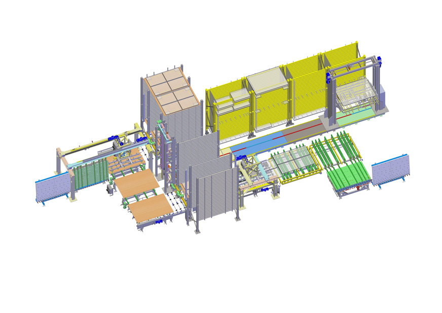 Isolierglas-Sortierung: Kompaktlösung aus kombinierten Trocken- und Sortierfächern für eine einzigartige Produktivität und einen idealen Bereitstellungsprozess für den Versand.