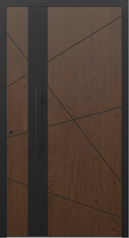 Sehr ausdrucksstark präsentiert sich die Füllungs­linie „Nero“ mit insgesamt 12 neuen Modellen. Dank der 40 Varianten an Folien lässt sich das Design der Tür perfekt an die Fensterfolierung anpassen.