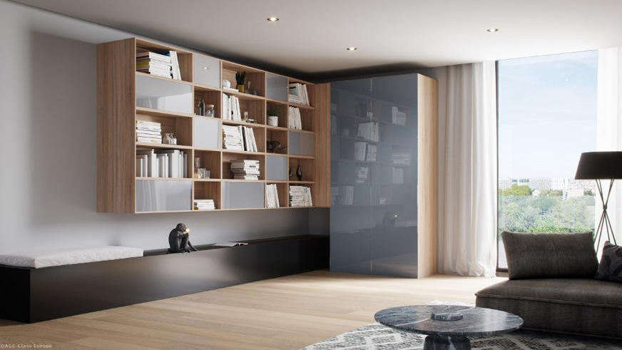 Die Designgläser Lacobel und Matelac veredeln Möbel und Wände mit edlen und langlebigen glänzenden oder matten Oberflächen.