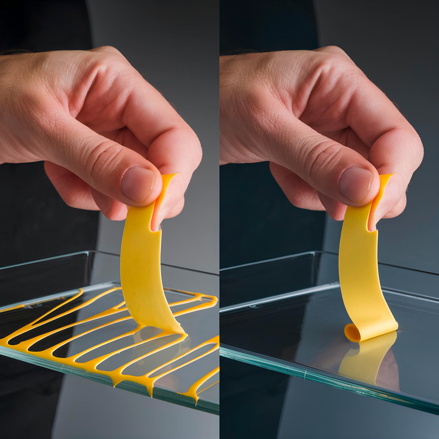 Bild 01: Schematische Darstellung des manuellen Schäl-Haftversuchs: Teilweises Kohäsivversagen (links);&nbsp; Adhäsionsversagen (rechts). Details und IDs können direkt vom Autor erfragt werden.