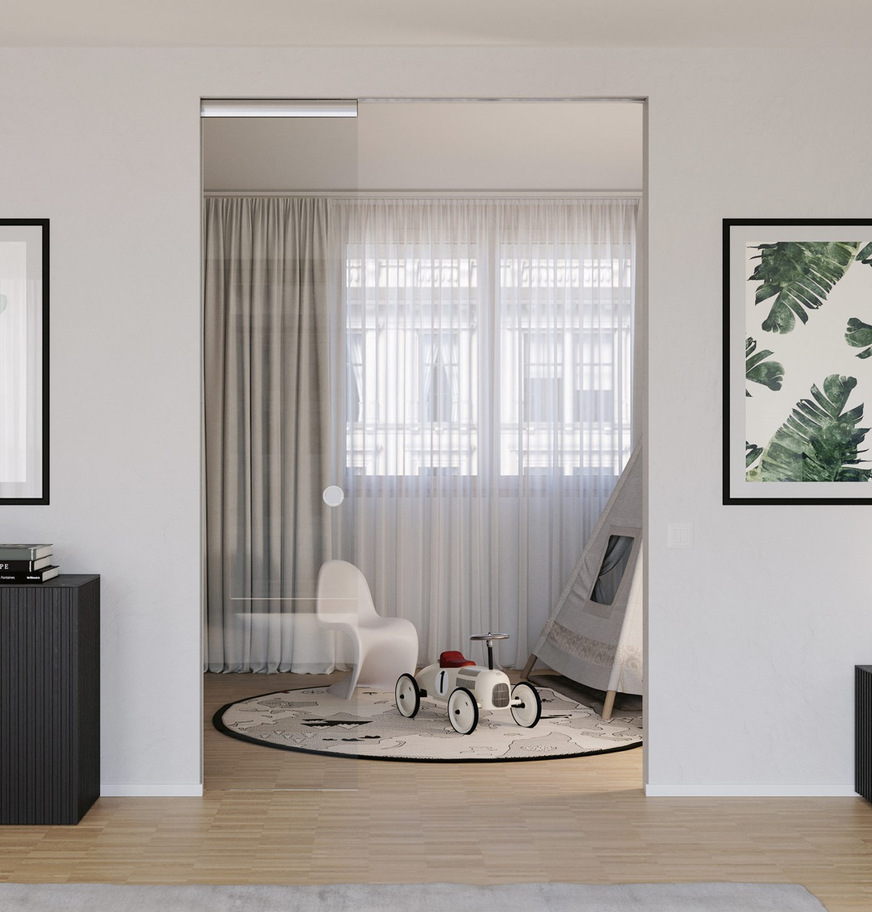 „Hawa Porta 100 GMT Pocket“ holt bis zu 100 kg schwere Glastüren über ein leichtes Antippen aus der Wandtasche heraus.&nbsp;