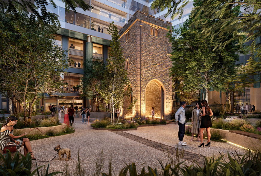 Im EG wird ein öffentlicher Raum mit 1500m2 geschaffen, der zwei historische Gebäude integriert: der Kirchturm der All Hallows Staining Church und die Lambe's Chapel Crypt.