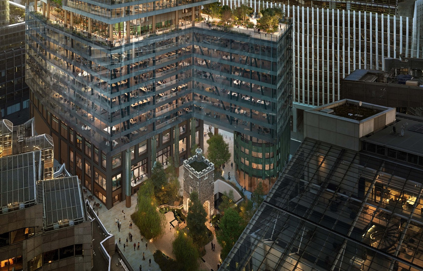 Die unteren Stockwerke des Turms und die neue „Clothworkers' Hall“ werden mit einer zweigeschossigen Pfosten-Riegel Fassade mit einer Terrakotta Vorsatzkonstruktion im Bereich der Clothworkers Hall ausgeführt.