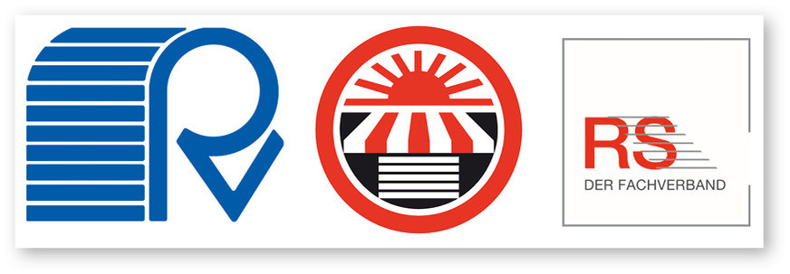 Logos vom Verband Deutscher Rollladen­-Hersteller (li.) als erster ­ideeler Träger, hin zum heutigen Bundesverband Rollladen + Sonnenschutz e.V. mit Sitz in Bonn. (mi. und re.)