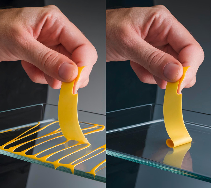 Bild 01: Schematische Darstellung des m﻿anuellen Schäl-Haftversuchs: teilweises Kohäsivversagen (links); Adhäsionsversagen (rechts)