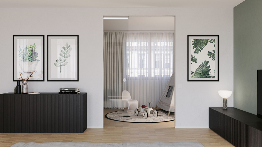 „Hawa Porta 100 GMT Pocket“ holt bis zu 100 kg schwere Glastüren über ein leichtes Antippen aus der Wandtasche heraus.