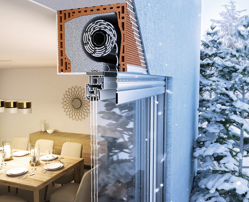 Hochwertiger Ziegelrollladenkasten Roka-Lith 2 mit integriertem wärmerückgewinnendem Lüftungssystem Airfox Plus für die monolithische Bauweise.