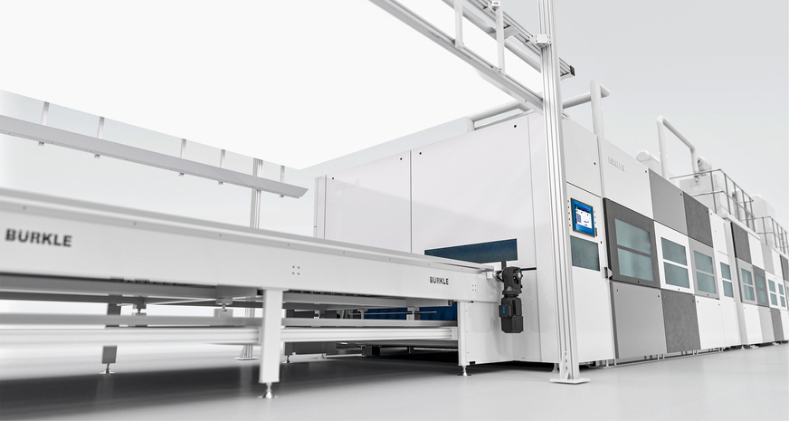 Die weiterentwickelte IFL (Inline Flat Lamination) Anlage von Bürkle setzt auf ein dreistufiges Laminierkonzept.