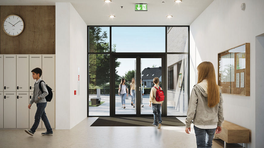 Schüco FireStop ADS 90 FR 90-CE wurde speziell für hochfrequentierte Bereiche wie Schulen und Kindergärten entwickelt.
